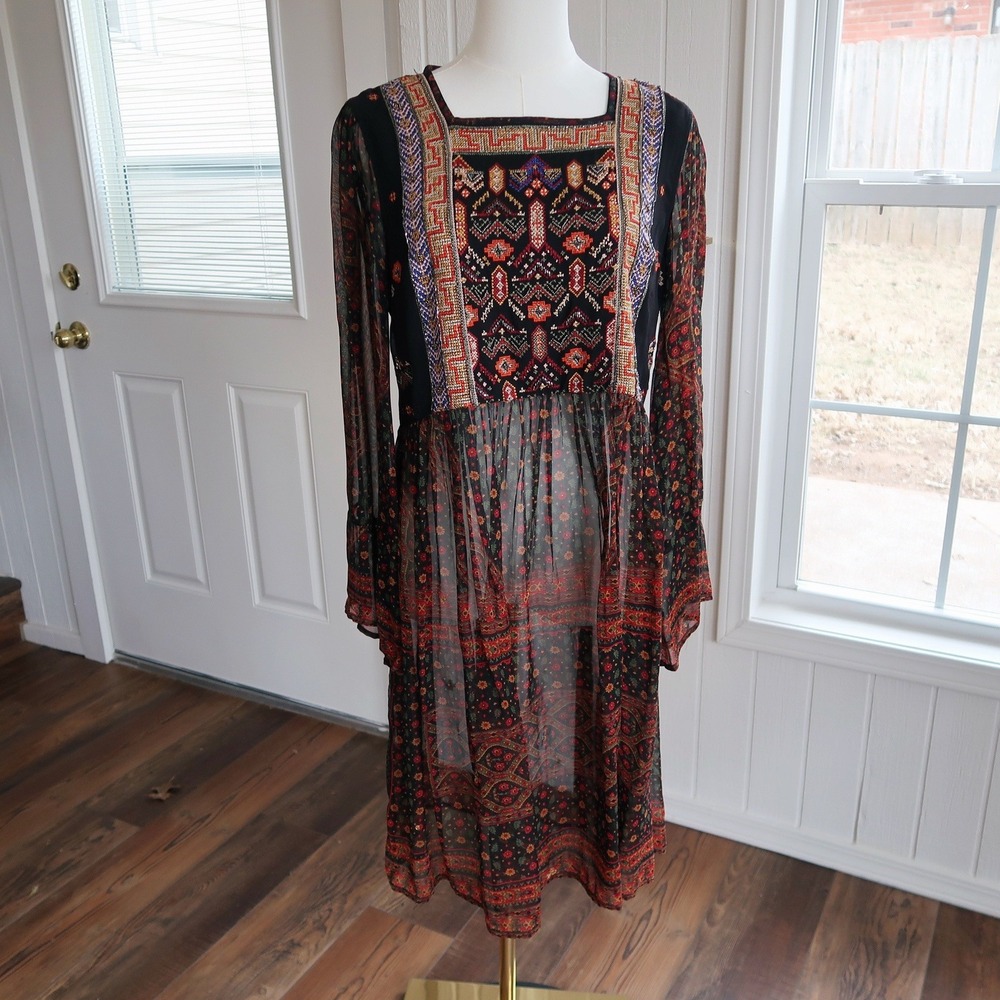 Akemi Kin Anthropologie Womens Embroidered Beaded Sheer Midi Dress‎ S Boho Folk